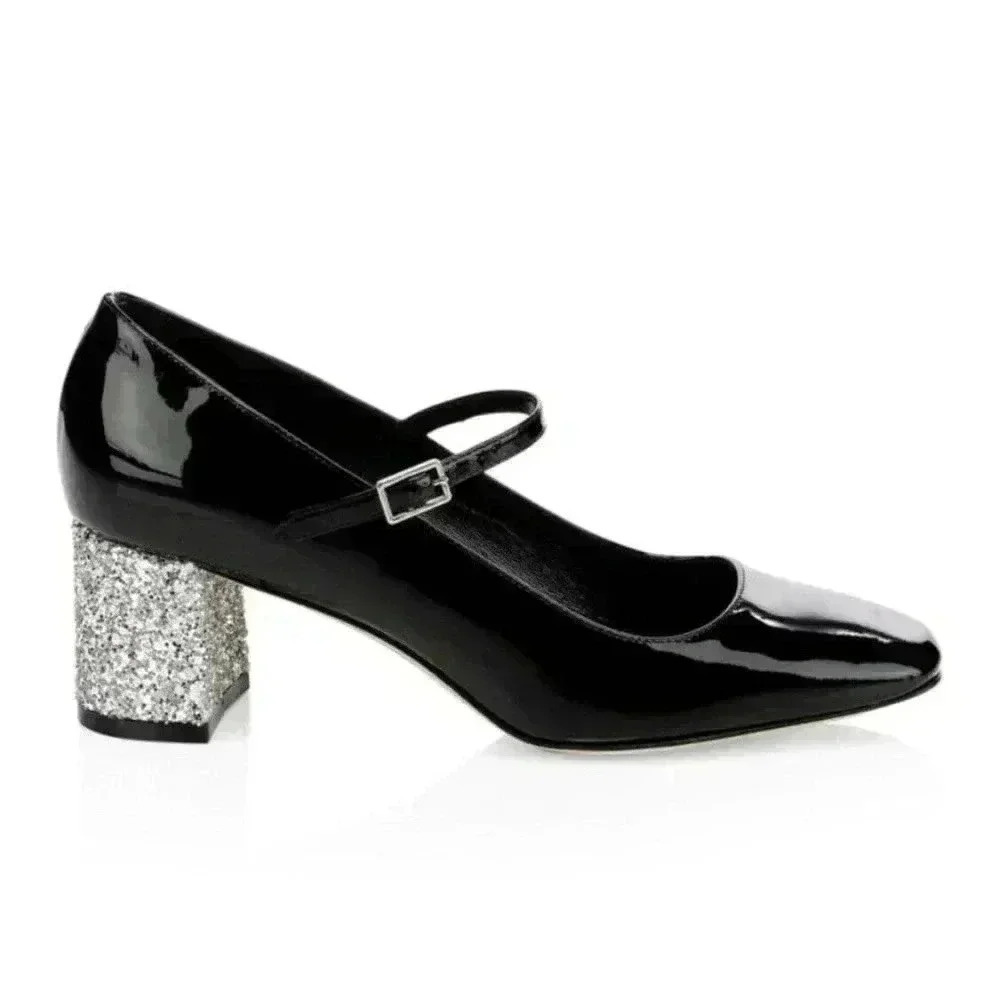 Kate Spade Mary Jane Glitter Block Heel Pump 8 Kornelia Patent Leather Chunky